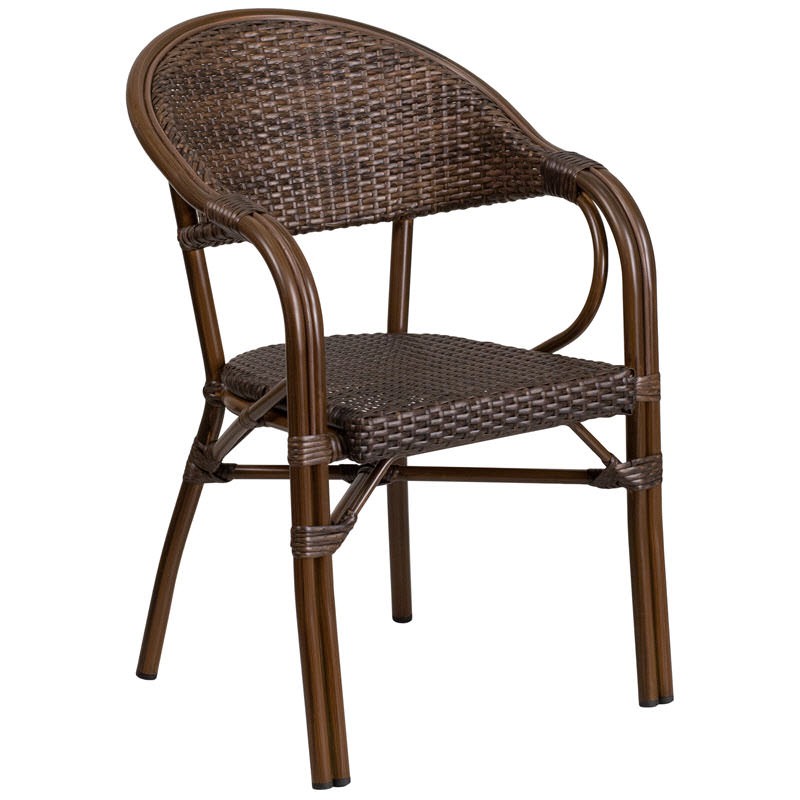 Dark Brown Rattan Chair with Bamboo Look Aluminum Frame