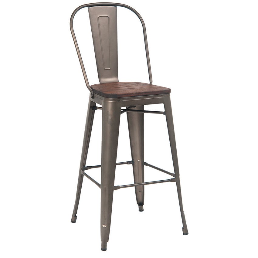 Dark Grey Bistro Style Metal Bar Stool with a Walnut Wood Seat