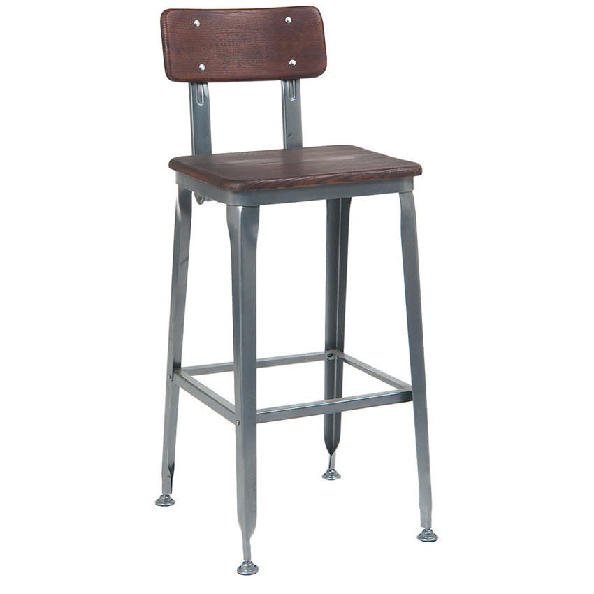 Dark Grey Metal Bar Stool With Walnut Finish Wood Back Seat Dark Grey Style Metal Bar Stool With Wood Back And Seat In Walnut Finish